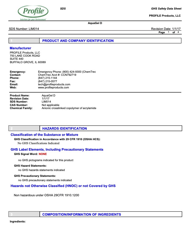 Safety data sheet for AquaGel D by Profile Products, including product and company information, hazard identification, and composition details. White background with blue text sections and company logo at top left.
