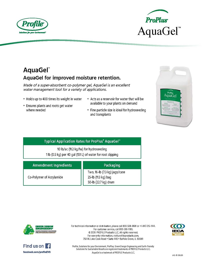 AquaGel product flyer showing a jug, features, application rates, and company contact information.