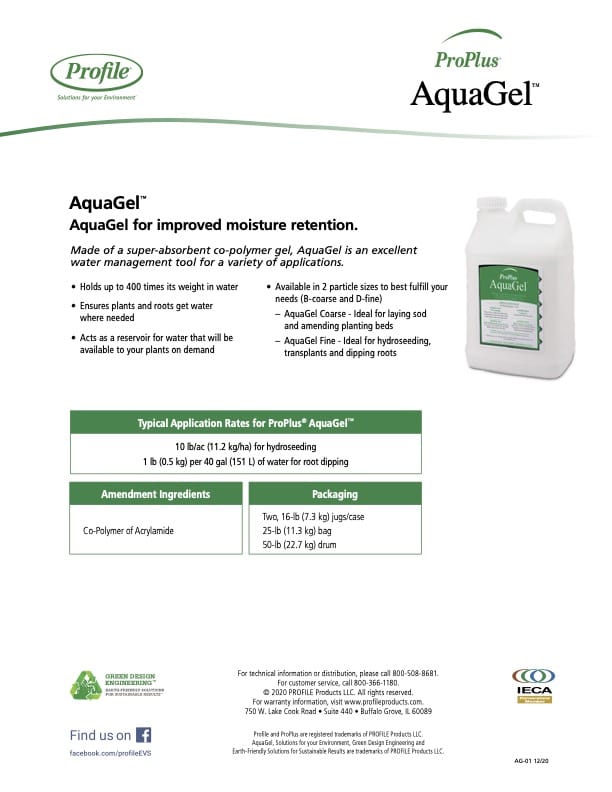 A flyer for ProPlus AquaGel, a soil moisture retention product. Features a container image, usage benefits, application rates in a table, ingredients, and contact info at the bottom. Logos for Profile and IECA are included.