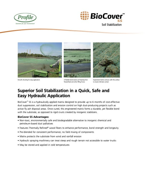 A hydraulic application sprays green matrix on soil for stabilization; inset shows the matrix dried on soil. Text details BioCover SSs advantages and features for soil stabilization on construction sites.