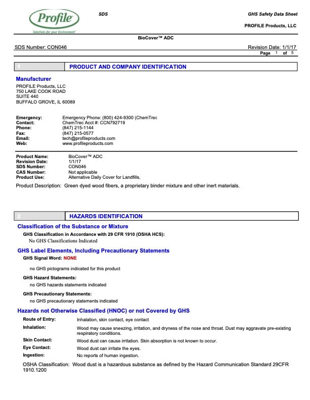 Safety data sheet for BioCover ADC displaying company information, emergency contact, product description, and hazard identification details, including OSHA classification and precautionary statements.