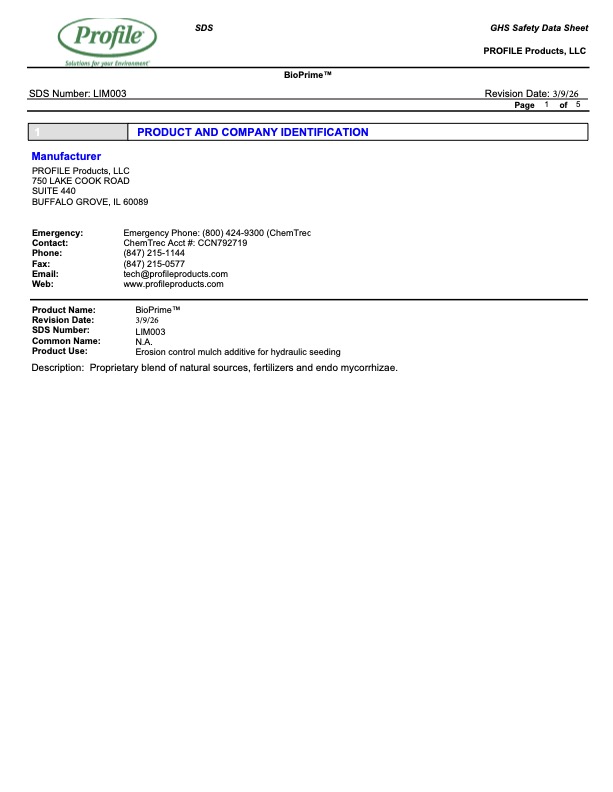 A safety data sheet for BioPrime by Profile Products, showing company contact details, product name, use, and emergency phone numbers. Document is organized in a table format.