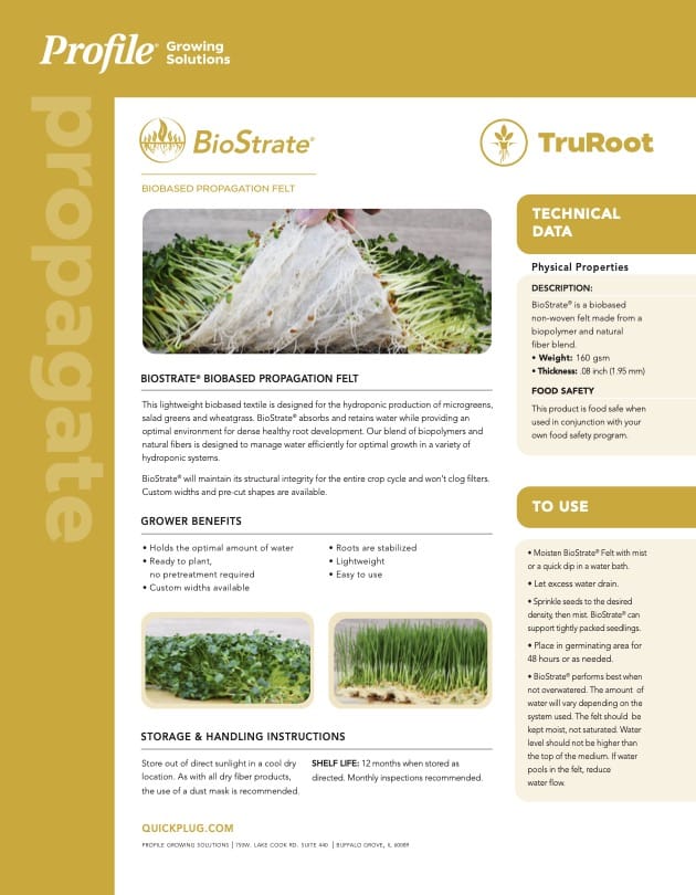 A product sheet displays BioStrate Biobased Propagation Felt with images of seedlings on felt, technical data, features, shelf life, and instructions for growers, set on a yellow and white background.