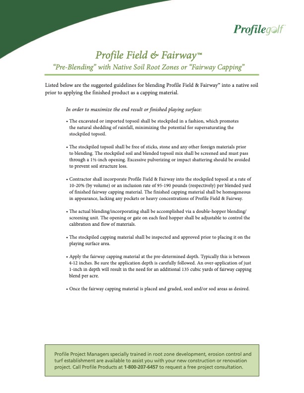 A guide outlining guidelines for blending Profile Field & Fairway into soil for golf courses, with step-by-step instructions and a highlighted contact box at the bottom for project consultation.