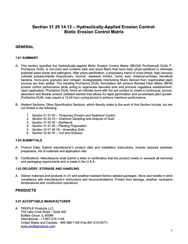 A page of text titled Section 31 25 14.13 – Hydraulically-Applied Erosion Control: Biotic Erosion Control Matrix, with specifications, product info, and contact details for Profile Products LLC.