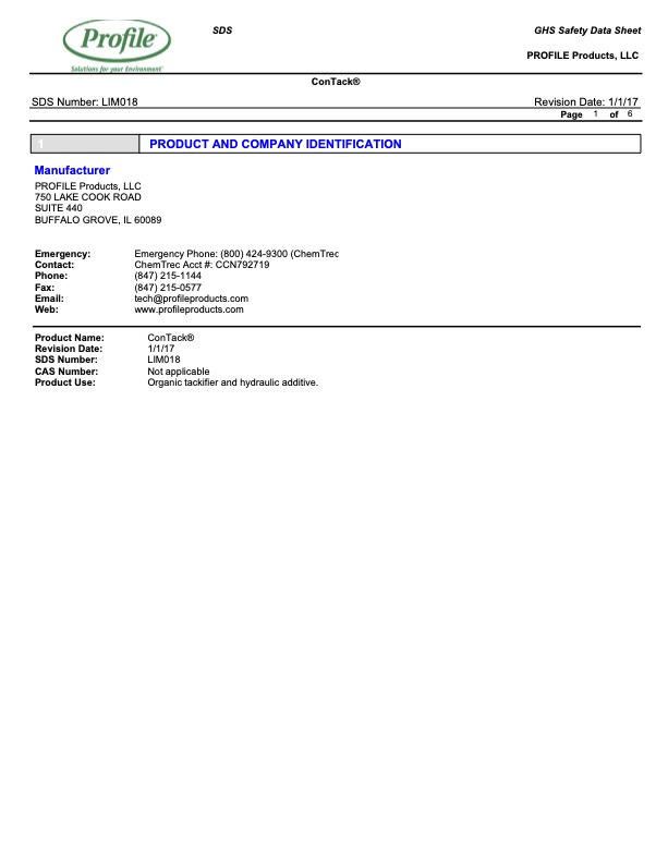 A safety data sheet for ConTack® by PROFILE Products, listing manufacturer details, contact info, and basic product identification. The section headers and company logo are visible at the top.