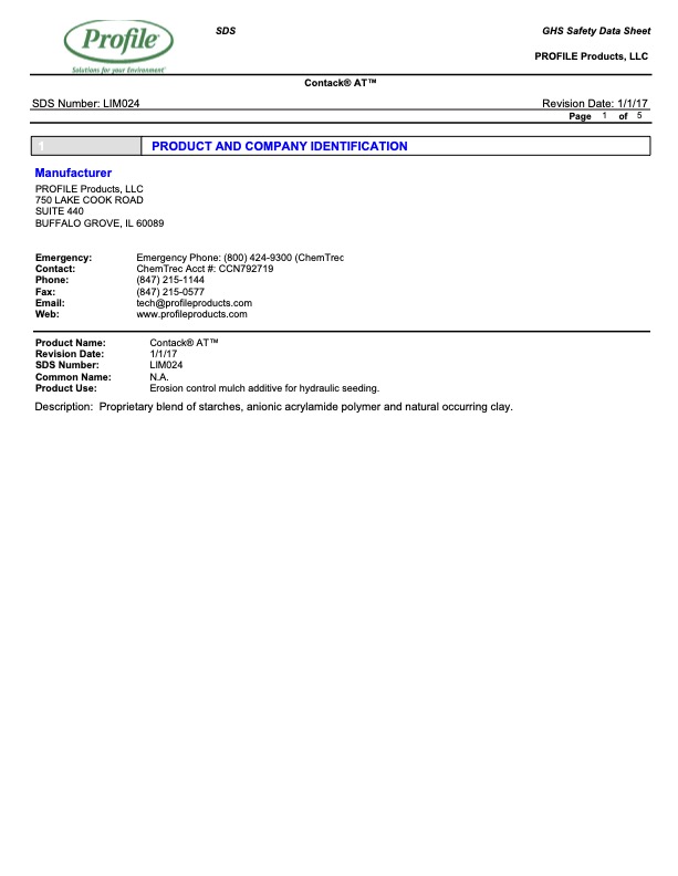 A product safety data sheet for Contrack AT by PROFILE Products, including contact info, product name, SDS number, use, and composition details.