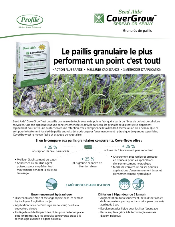 A French advertisement for Seed Aide CoverGrow mulch, showing a bag of the product and grass growing. Text highlights its benefits, features, and application methods for lawns.