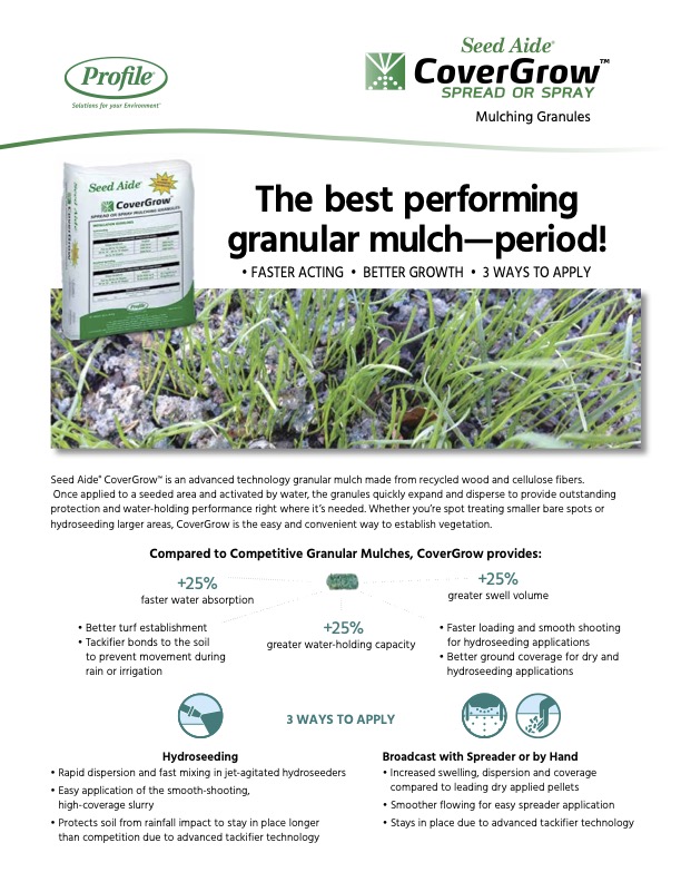 Bag of CoverGrow mulch is shown. Text highlights its benefits: faster growth, better water retention, and ease of use with hydroseeding or spreading. Icons and lists compare it to other products and show application methods.