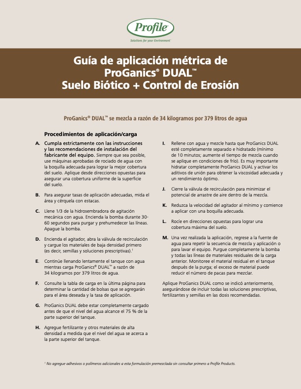 Instructional guide in Spanish titled Guía de aplicación métrica de ProGanics® DUAL™ Suelo Biótico + Control de Erosión, detailing procedures for product application and mixing ratios, with a green Profile logo at the top.