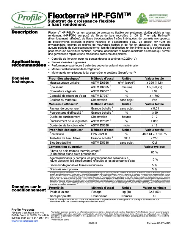 A product information sheet for Flexterra HP-FGM showing technical data, recommended applications, and performance values for a flexible, biodegradable growth substrate. Text is in French with tables, bullet points, and company contact information.