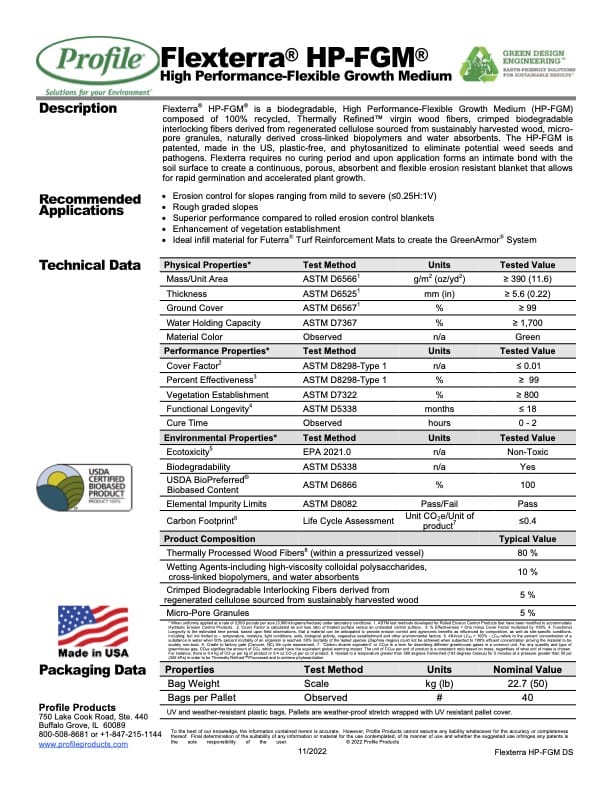 Product brochure for Flexterra HP-FGM, showing description, technical data, application recommendations, and packaging info. Includes tables, a USA flag graphic, company contact details, and green certification logo.