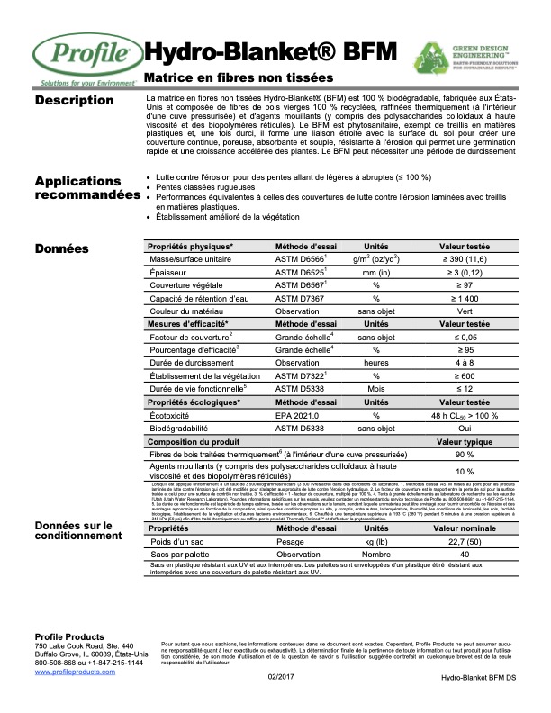 Product information sheet for Hydro-Blanket BFM nonwoven matrix, showing text and a table with technical data, recommended uses, and company contact details. The document is in French with some English headings.