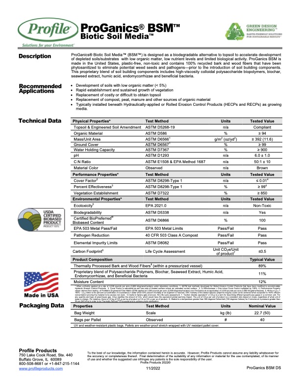 A product specification sheet for ProGanics BSM Biotic Soil Media. It includes descriptions, recommended uses, technical data with test results, packaging info, and various certifications and logos.