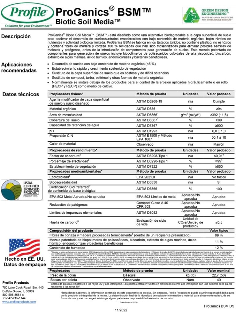 Product sheet for ProGanics BSM Biotic Soil Media in Spanish, with sections for description, recommended applications, technical data, and features. Includes a table, product logos, and certification badges.