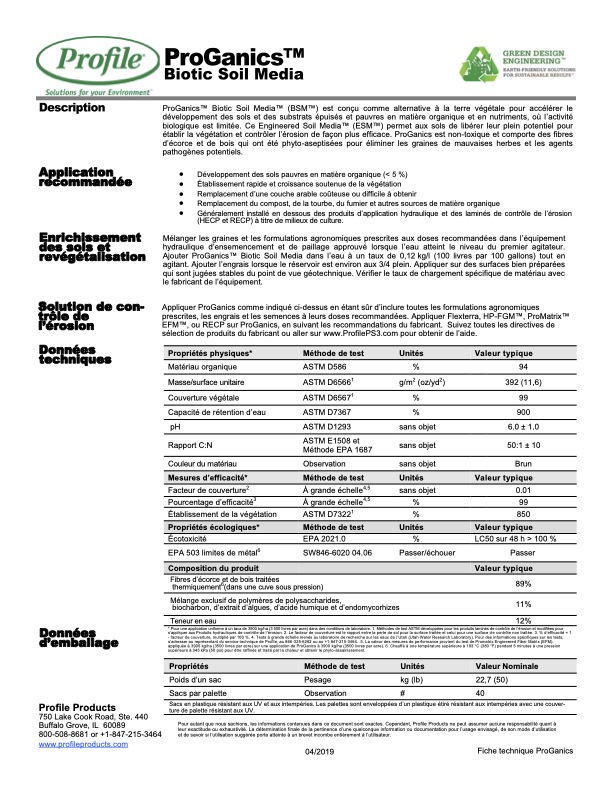 A technical specification sheet for ProGanics Biotic Soil Media, detailing application instructions, composition, technical data, and contact information. The document is text-heavy and formatted in labeled sections and tables.