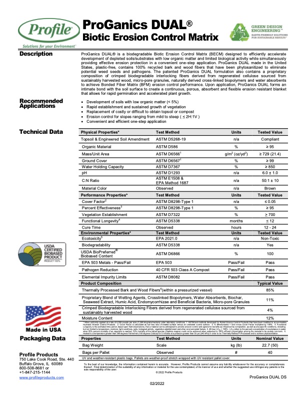 Product datasheet for ProGanics DUAL Biotic Erosion Control Matrix, detailing description, recommended applications, technical data, packaging, test results, and manufacturer information on a single page.