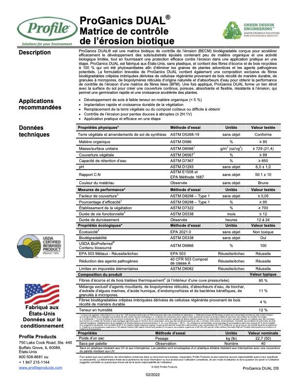 A product data sheet for ProGanics DUAL erosion control matrix in French and English, including description, recommended applications, technical data, and manufacturer contact information.