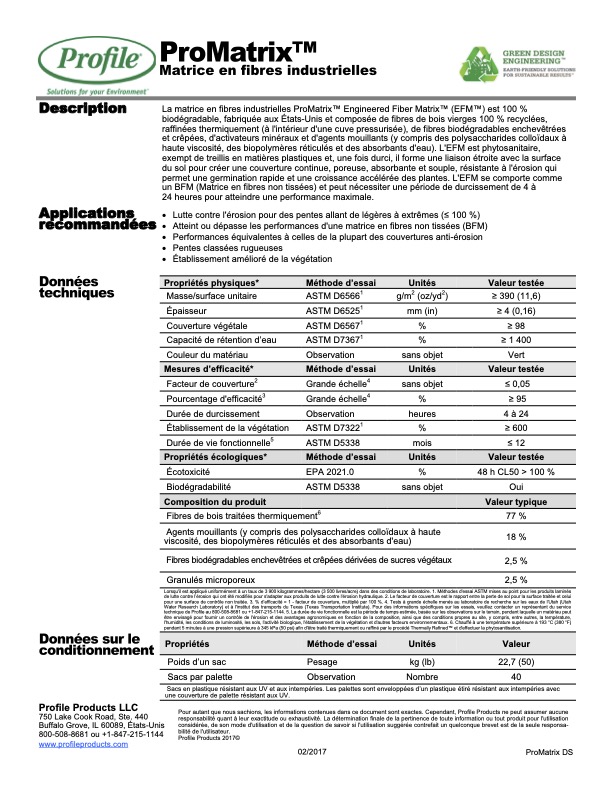 A product data sheet for ProMatrix Engineered Fiber Matrix with technical specifications, recommended applications, and company contact information in French. Chart lists physical and performance properties. Profile Products logo at top.