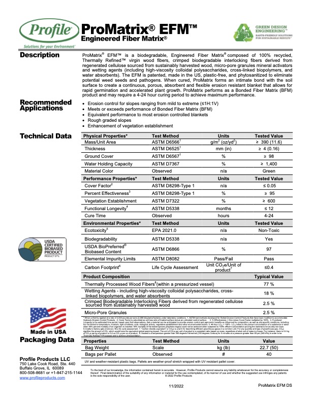 Product information sheet for ProMatrix EFM Engineered Fiber Matrix. Includes description, applications, technical data table, packaging details, manufacturer info, and certifications on a white page with green header and logo.