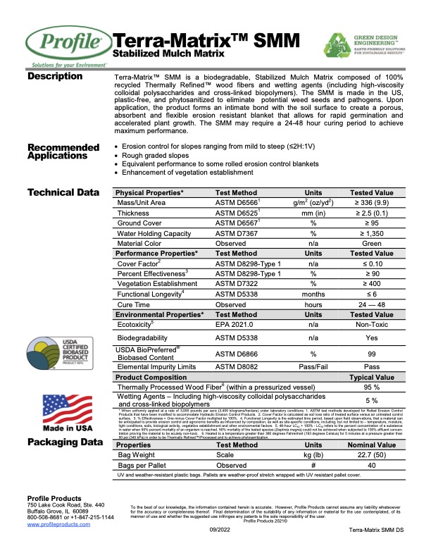 Product sheet for Terra-Matrix SMM, a biodegradable mulch matrix. Includes description, applications, technical data table, packaging info, certifications, and contact details. Green, black, and white colors with logos and icons.