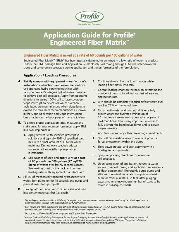Application guide for Profile Engineered Fiber Matrix, including mixing instructions, equipment recommendations, and a water coverage rate of 60 lbs per 100 gallons. Text is formatted in two columns with bullet points.