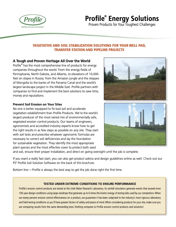 Profile Energy Solutions flyer describes vegetative and soil stabilization products for energy projects, includes highlighted sections about benefits, testing, and a green Profile logo at the top left. Text-heavy layout with yellow and green accents.