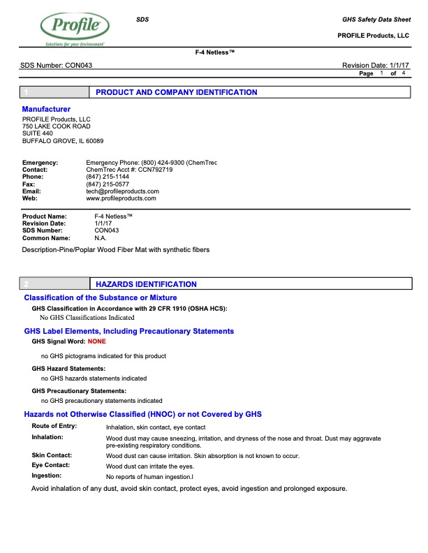 SDS sheet for Profile Products NetLess material, showing company info, emergency contacts, composition details, and hazard identification section.