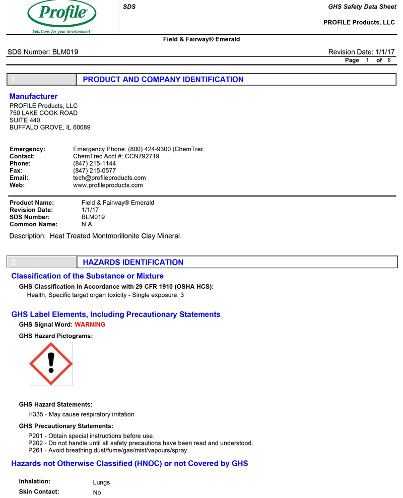 A safety data sheet for Profile Field & Fairway Emerald, showing product info, manufacturer contact details, hazard identifications, and warning symbols in a structured table layout.