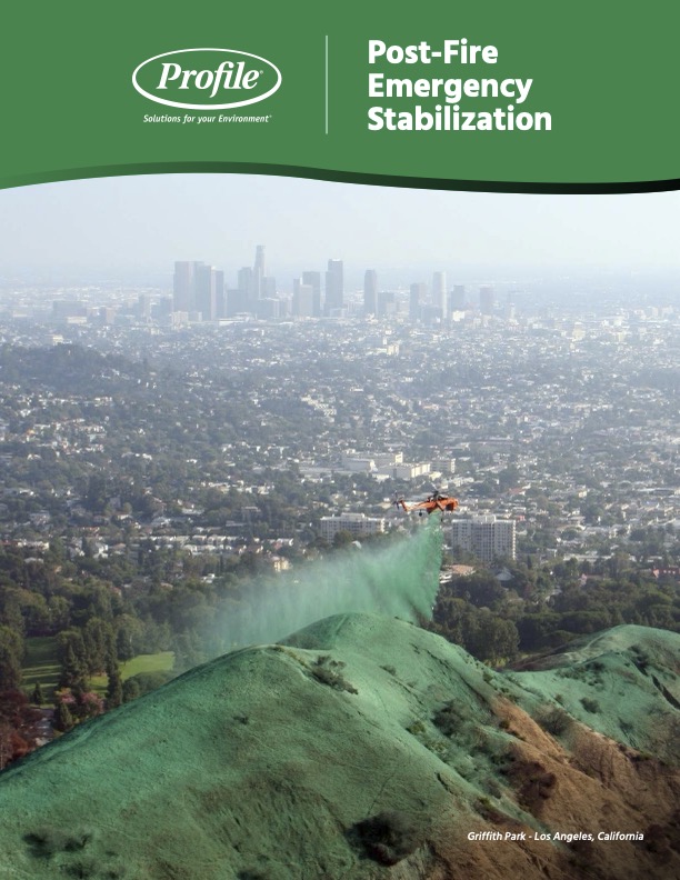 A helicopter drops green fire retardant over burned hills in Griffith Park, Los Angeles, with the city skyline visible in the background. The image promotes post-fire emergency stabilization.
