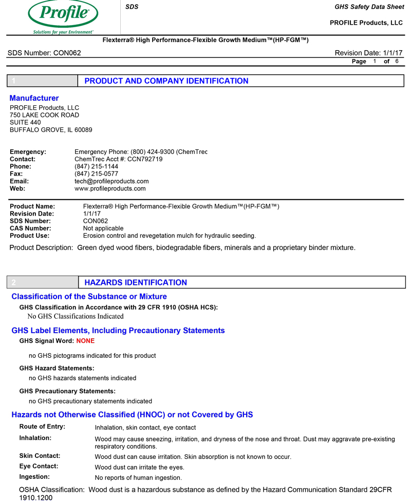 SDS sheet for Flexterra® High Performance-Flexible Growth Medium, showing manufacturer contact info, product details, hazard information, and GHS classification. Document header has the Profile company logo.