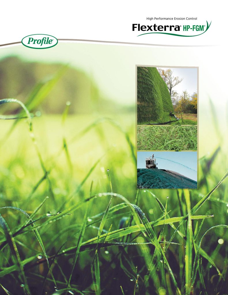 Close-up of green grass in the foreground with three inset images showing erosion control applications and a product logo at the top right.