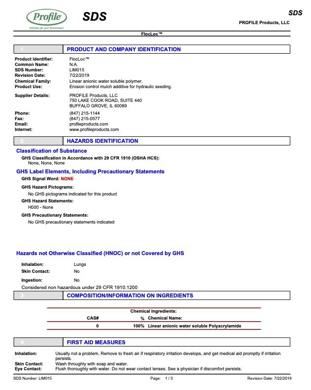 A safety data sheet for FloLoc™ showing product info, hazards identification, and first aid measures. The sheet is organized in sections with headers in blue and red text, and a green logo at the top left.