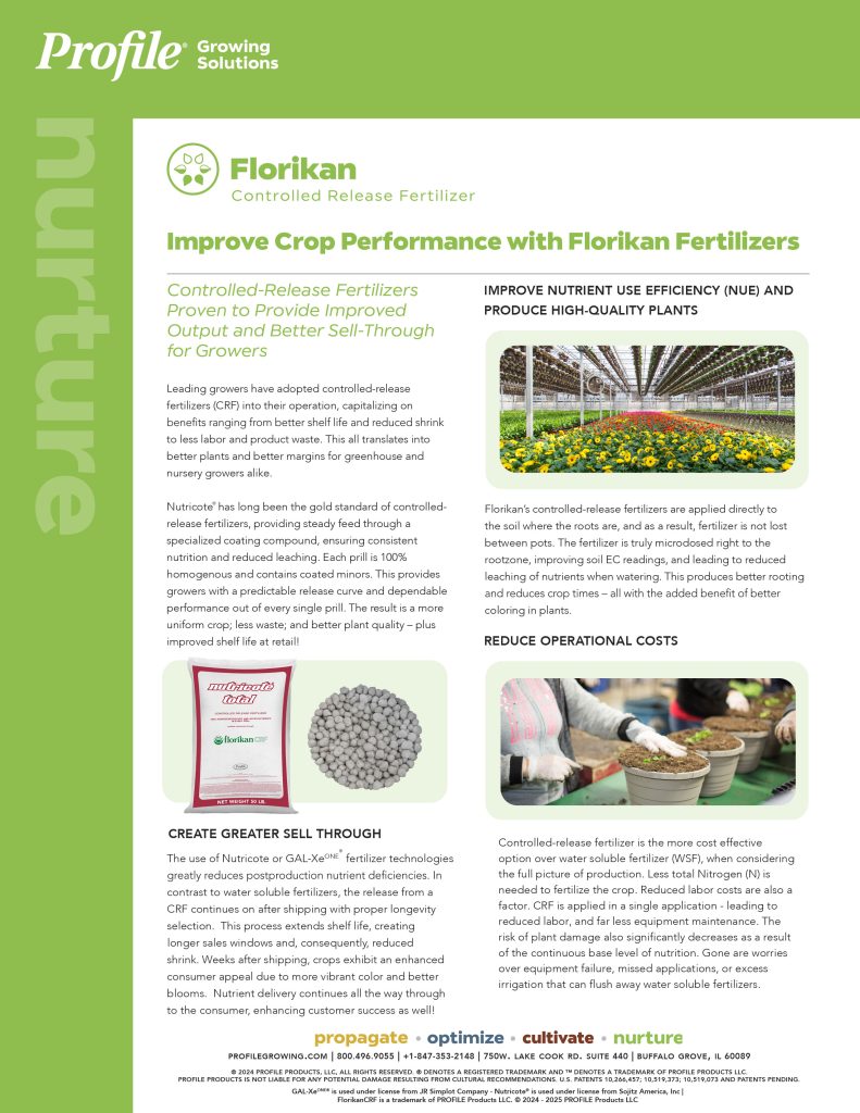 Marketing flyer for Florikan controlled-release fertilizer by Profile Growing Solutions.