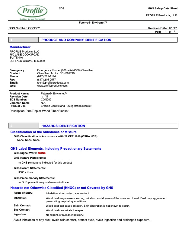 A safety data sheet (SDS) for Futerra EnviroNet erosion and revegetation blanket, showing company info, product description, emergency contacts, and safety classification under OSHA regulations.