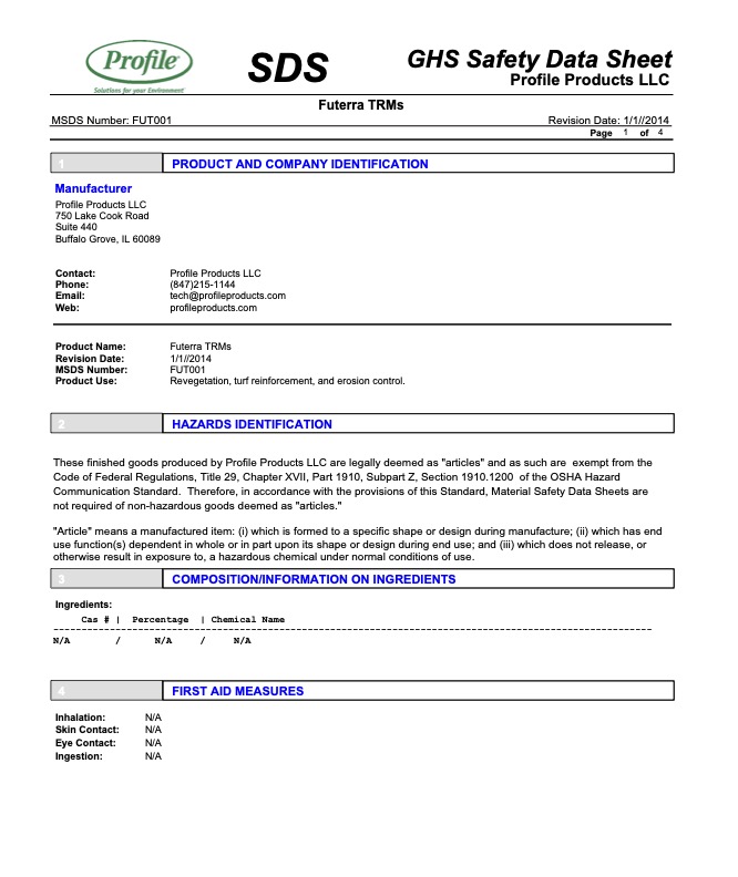 A safety data sheet for Futerra TRMs by Profile Products LLC, showing manufacturer info, hazard identification, and sections for composition and first aid measures, on a white page with blue and black text.