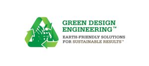 A green recycle symbol with grass inside, next to the text: Green Design Engineering. Earth-friendly solutions for sustainable results..