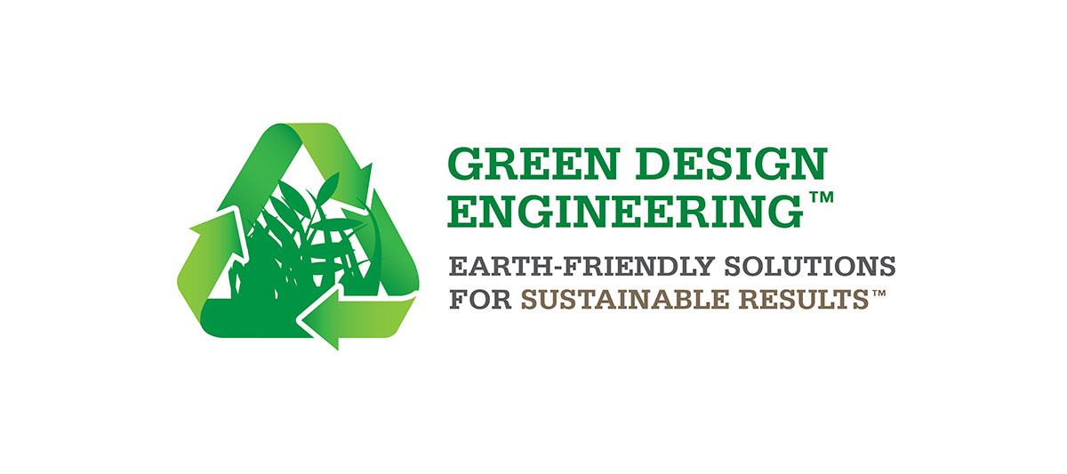 A green recycle symbol with grass inside, next to the text: Green Design Engineering. Earth-friendly solutions for sustainable results..