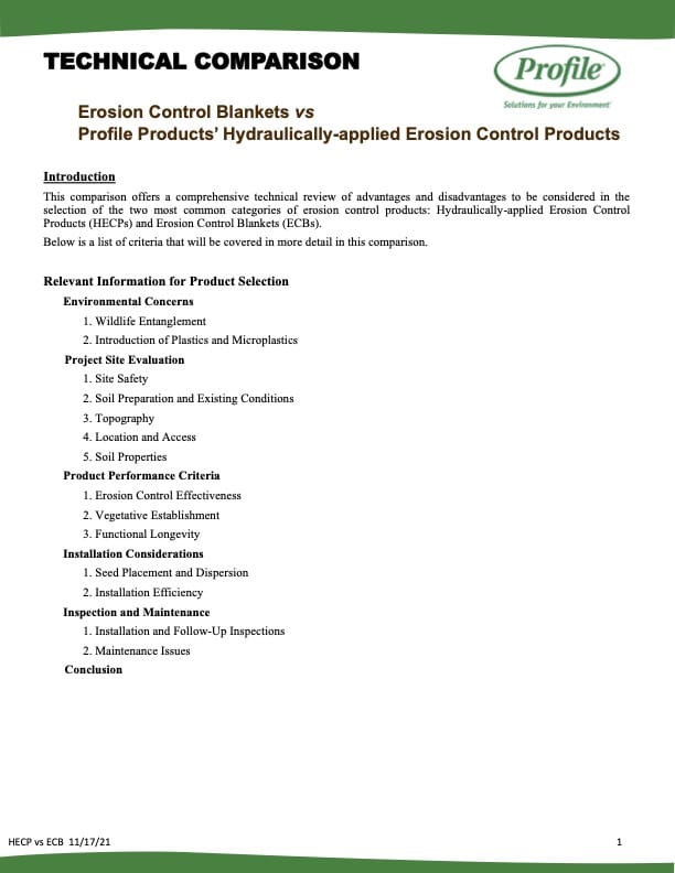 A document titled TECHNICAL COMPARISON details criteria for selecting erosion control products, including environmental concerns, product properties, and performance, in a structured outline with green headings and a Profile company logo.