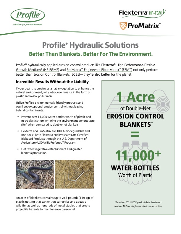 Profile brochure page showing a comparison between erosion control blankets and hydraulic solutions, with a graphic stating 1 Acre of Erosion Control Blankets = 11,000+ Water Bottles and product info text.