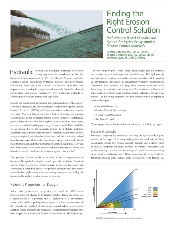 A magazine page features an article on erosion control solutions, including text, an image of erosion by a river, and a chart comparing fixed and flexible erosion control materials.