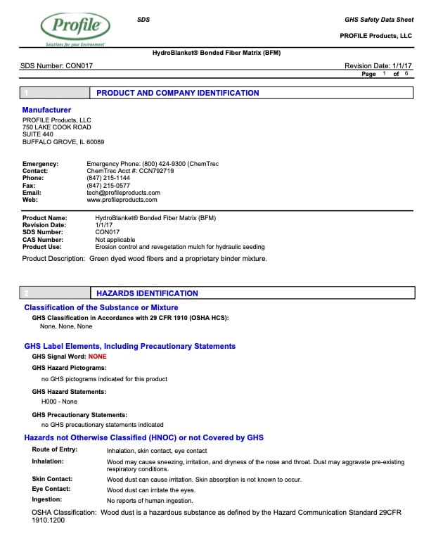 A safety data sheet for HydroBlanket Bonded Fiber Matrix, including company info, product details, and hazard identification, displayed in a structured table format with blue section headers.