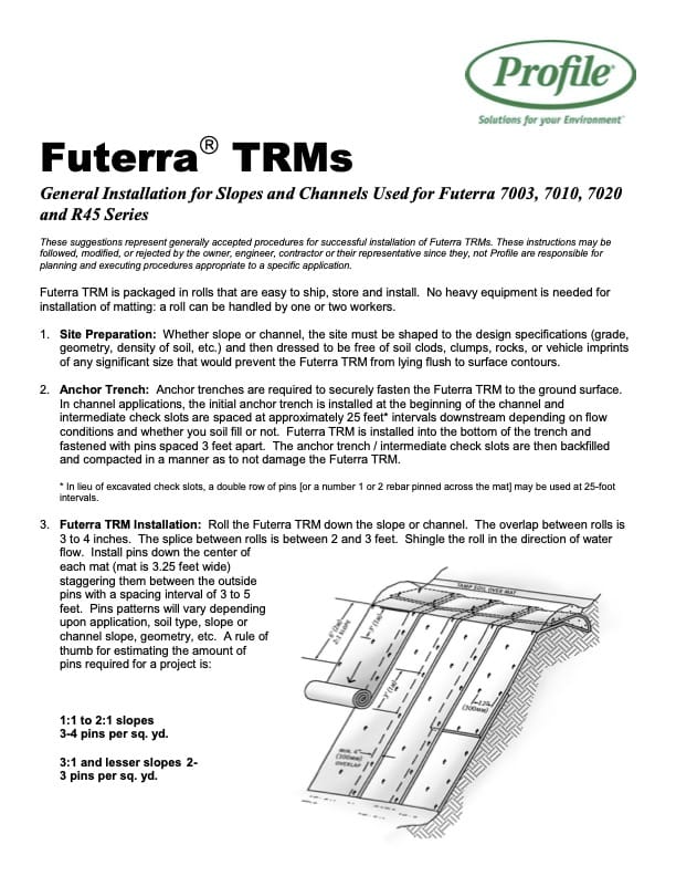 Futerra TRMs installation instructions document with steps for site preparation, channel preparation, and installation, including a diagram of overlapping rolls and coverage rates per square yard.