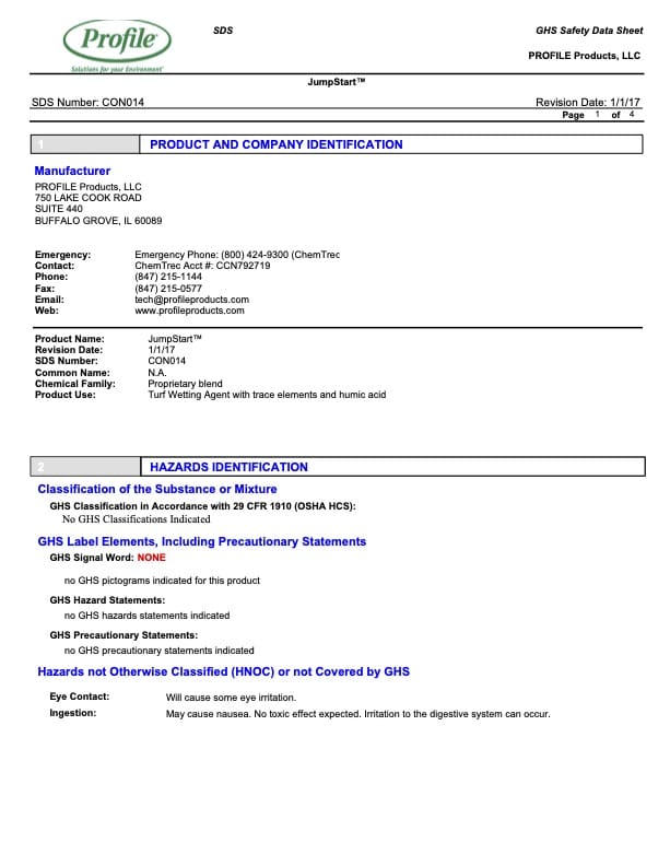 SDS document for JumpStart by PROFILE Products, listing company info, emergency contacts, product identification, and classification as not hazardous per OSHA. Contains headers and a detailed table format.