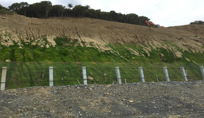 A steep hill with exposed soil and sparse green grass, a fence at the bottom, and an orange excavator working at the top near a line of trees. Sky is overcast.