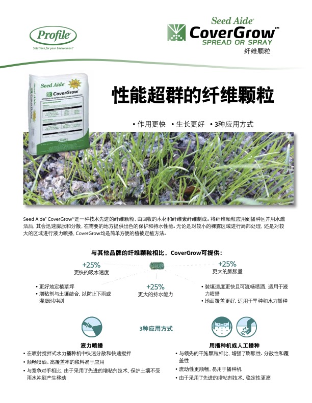 Product brochure for Seed Aide CoverGrow shows a bag of the product, grass growing in soil, and text in Chinese describing the products features, benefits, and usage instructions.