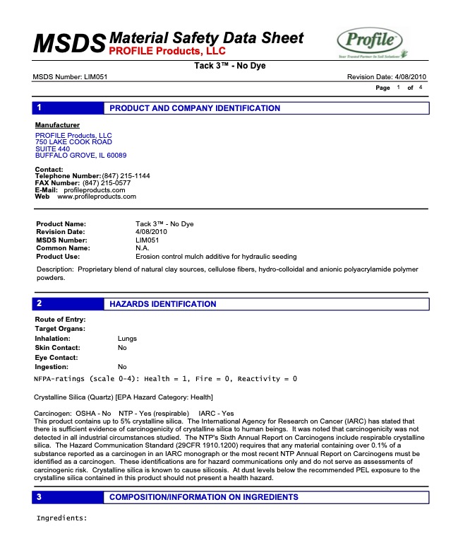 A Material Safety Data Sheet for Tack 3% - No Dye by PROFILE Products, showing product details, hazards identification, and composition information. The document is organized into numbered sections.