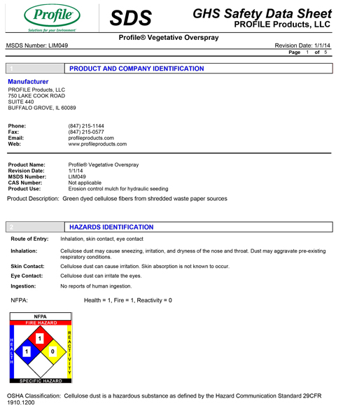 SDS sheet for Profile® Vegetative Overspray detailing manufacturer info, product use, hazards, and safety info, including flammability, health risks, PPE symbols, and emergency contact numbers.