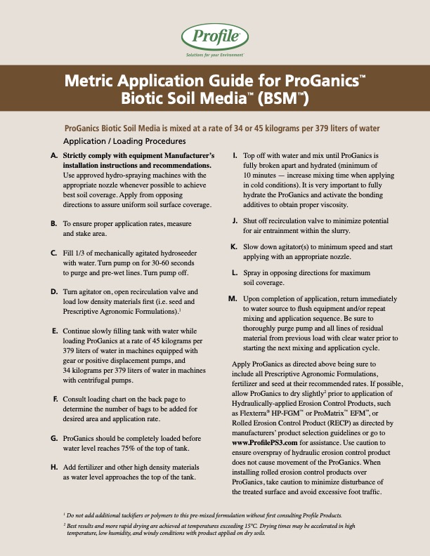 Metric Application Guide for ProGanics Biotic Soil Media with instructions for mixing, application, and troubleshooting in two columns, with brown text on a white background, and Profile logo at top.