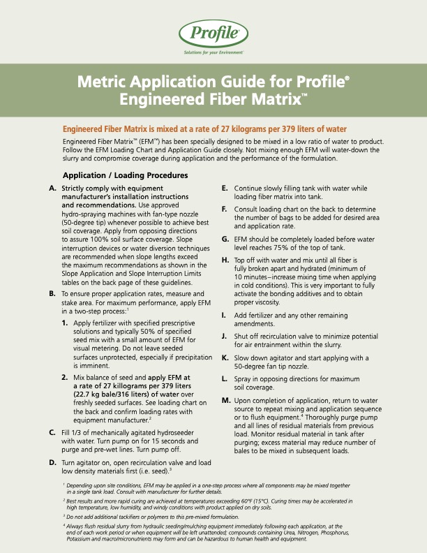 Guide outlining application instructions, loading rates, and tips for using Profile Engineered Fiber Matrix, including water mixing rates and ground preparation steps. Green, white, and orange color scheme.